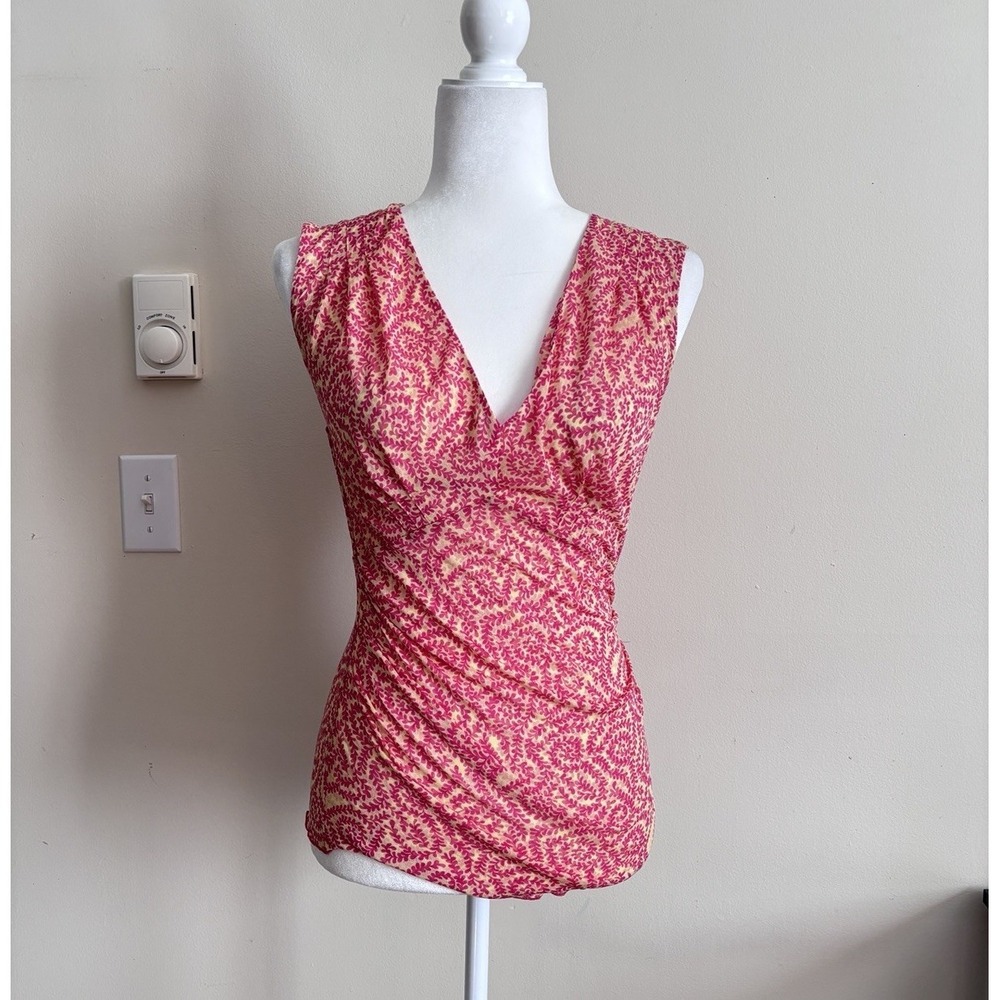 VTG Y2K Diane Von Furstenberg SILK Bodycon Top Womens Large Floral Pink 00s